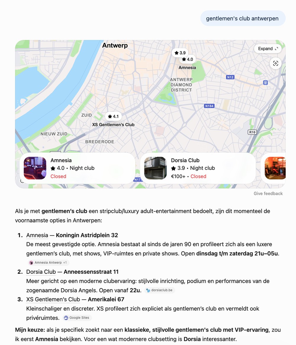 ChatGPT screenshot waarin Amnesia Antwerp vermeld wordt voor gentlemens club Antwerpen