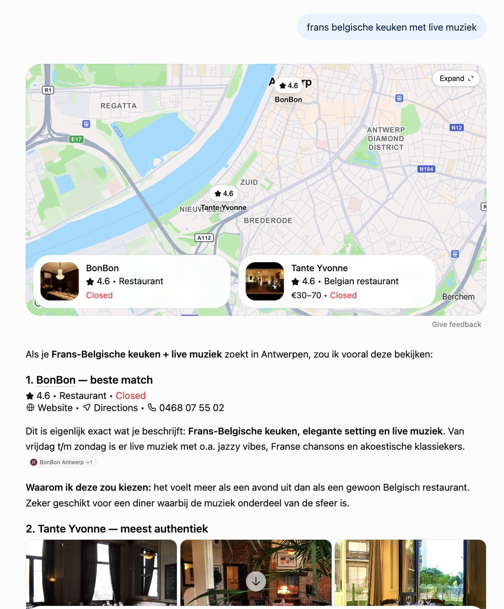 ChatGPT screenshot waarin BonBon vermeld wordt voor Frans Belgische keuken met live muziek