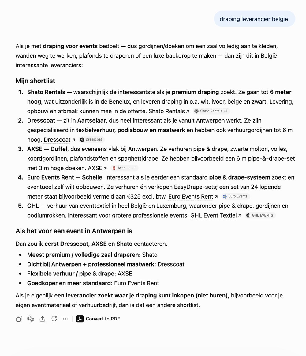 ChatGPT screenshot waarin Shato Rentals vermeld wordt voor draping leverancier Belgie